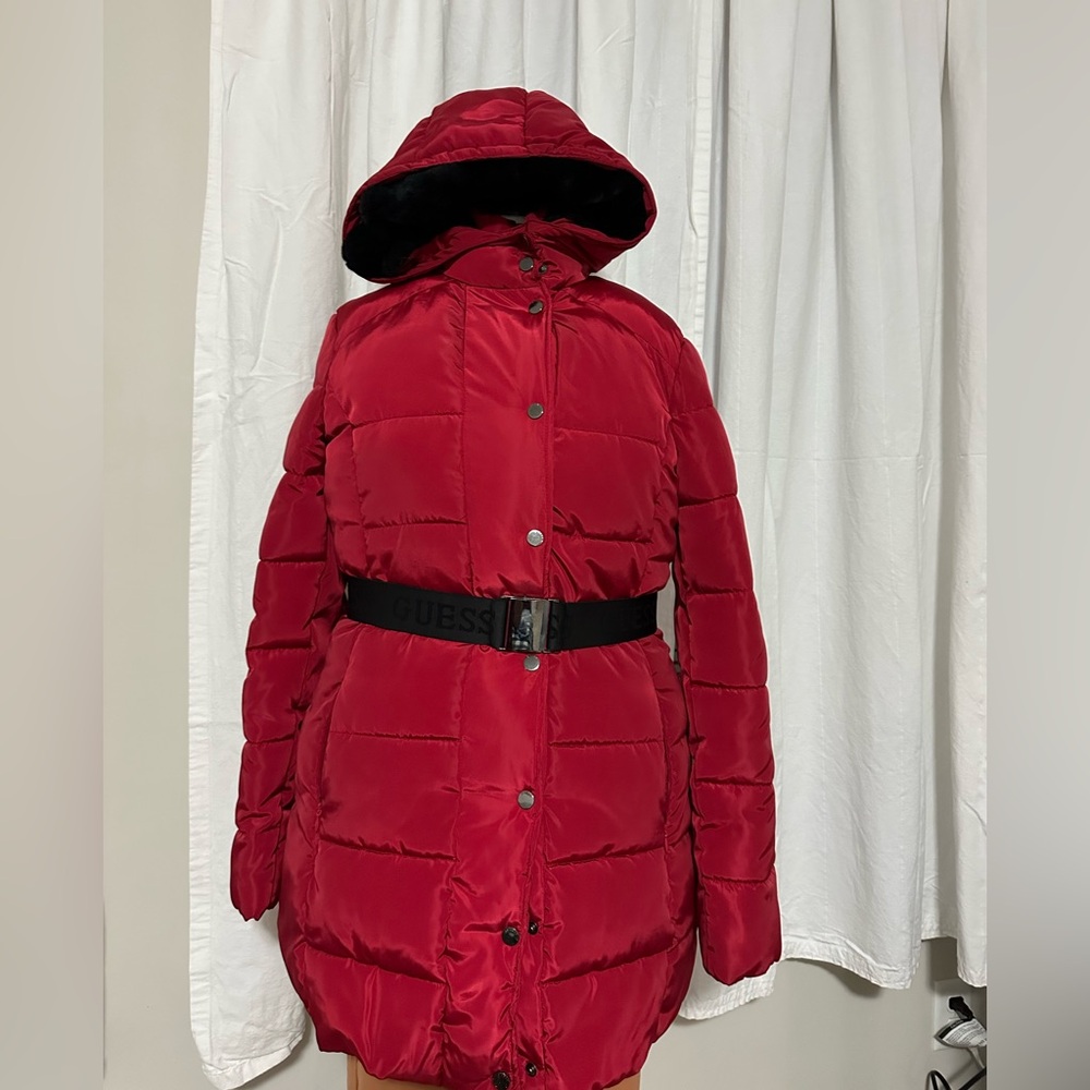 Guess Women's Red Quilted Hooded Puffer with Logo Belt